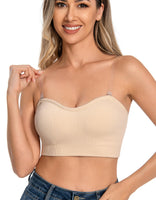 1 x RAW Customer Returns ANGOOL Women s Strapless Bra Push Up Without Underwire Bandeau Top Women s Padded Seamless Ribbed Non-Slip Silicone with Transparent Straps, Beige, L - RRP €18.99