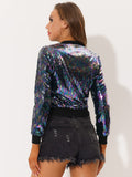 1 x RAW Customer Returns Allegra K Women s Bomber Jacket Long Sleeve Glitter Sequins Party Jacket Black Rainbow M - RRP €63.52