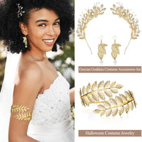 1 x RAW Customer Returns Kakonia 7pcs Greek Goddess Costume for Women Greek Goddess Accessories Golden Leaves Pearl Crown Headband Upper Arm Cuff Pearl Leaf Earring Headpiece Egyptian Goddess Costume Jewelry - RRP €18.83