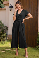 1 x RAW Customer Returns OUGES Jumpsuit Women Summer Elegant Overall Long Playsuit Short Sleeve Casual Trouser Suit with Pockets Black, S  - RRP €39.31