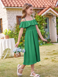 1 x Brand New Girls Dress 122 Festive Summer School Party Casual A-Line Spaghetti Straps Long Dresses 128 Green - RRP €27.6