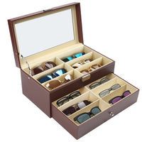 1 x RAW Customer Returns Kurtzy Brown Faux Leather Sunglasses Organizer - Glasses Case 12 Compartments - 2 Levels with Closure to Store Display Your Glasses - Box for Glasses, Watches, Jewelry - Men and Women - RRP €45.99