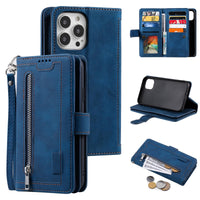 1 x RAW Customer Returns UEEBAI Case for iPhone 15 Pro Max 6.7 inch, Vintage Zipper Mobile Phone Case PU Leather Flip Case Silicone Bumper with 9 Card Slots Stand Function Purse Lanyard Protective Wallet Case - Blue - RRP €16.13