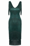 1 x RAW Customer Returns Coucoland Vintage 1920s Fringe Dress V Neck Vintage 1920s Sequin Sleeveless Gatsby Dress Dark Green S - RRP €54.71