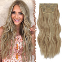 1 x RAW Customer Returns FESHFEN Clip in Extensions, 4PCS 50 cm Full Head Hair Extensions with Clips Synthetic Wavy Hair Extensions Dark Golden Mix Beige Blonde Wavy Hair Extensions Clip in Hairpiece for Women, 180g - RRP €24.54