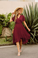 1 x RAW Customer Returns Women s Short Sleeve Dress High Waist A-Line Cocktail Dress with Belt Elegant Chiffon Summer Dress Red Wine XL - RRP €41.34