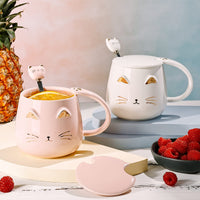 1 x RAW Customer Returns 2 Pack Cute Cat Mugs Cat Coffee Cup Set with Lid and Lovely Kitty Spoon Novelty Mug Set for Cat Lovers Girls Women Christmas Birthday Gift 450ML White and Pink - RRP €20.16