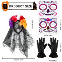 23 x Brand New Lets Joy 4PCS Halloween Day of the Dead Headband Set, Headband Rose Headband, Day of the Dead Veil Halloween, Skull Headband Rose Headband, Lace Gloves Temporary Face Tattoos - RRP €205.16