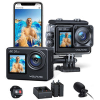 1 x RAW Customer Returns WOLFANG GA200 Action Cam 4K 24MP Underwater Camera WiFi 40M Waterproof EIS Image Stabilizer Touchscreen Helmet Camera 170 Wide Angle Camcorder Charger, Remote Control, 2 Batteries and Accessory Kit  - RRP €94.99