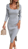 1 x RAW Customer Returns ZIYYOOHY Elegant Knitted Dress Rib Knit Pullover Dress Long Scoop Neck Long Sleeve Midi Dress Party Dress M, Grey  - RRP €38.3