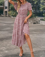 1 x RAW Customer Returns Bequemer Laden Women Summer Casual Round Neck Ruffle Short Sleeve Boho Maxi Dresses A-Line Stretch Waist Floral Long Dress Elegant Layered Dresses - RRP €32.99