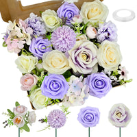 4 x Brand New twirush silk flowers, artificial bouquet, flower combo box, with stems and 1 roll of ribbon for DIY flower arrangements bouquets wedding party home baby shower decoration purple, white  - RRP €58.48