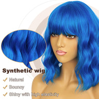 1 x RAW Customer Returns LANCAINI Wavy Wig With Bangs Women s Short Wigs Curly Wavy Bob Synthetic Cosplay Wig for Girls Daily Use Colorful Wigs Blue  - RRP €20.16