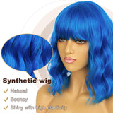 1 x RAW Customer Returns LANCAINI Wavy Wig With Bangs Women s Short Wigs Curly Wavy Bob Synthetic Cosplay Wig for Girls Daily Use Colorful Wigs Blue  - RRP €20.16