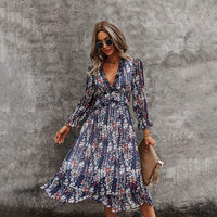 1 x RAW Customer Returns ZIYYOOHY Women s Long Dress Chiffon Ruffles with Deep V-Neck Floral Print Summer Dress Cocktail Dress Party Dress Maxi Dress Beach Dress Blouse Dress Long Sleeve 3055-Navy Blue, XL  - RRP €30.24