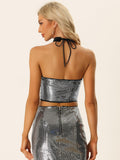 1 x Brand New Allegra K Women s Shiny Metallic Crop Top Halter Neck Party Holographic Nightclub Silver Black XL - RRP €27.6