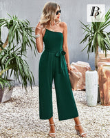 1 x RAW Customer Returns BebreezChic Jumpsuit Women Summer One Shoulder Straps Sleeveless V Neck Long Overall Romper Stripe Pants Sets with Belt, Dark Gray M - RRP €26.22