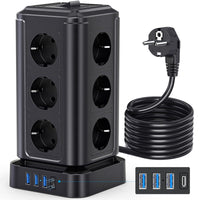 1 x RAW Customer Returns NVEESHOX 12-way power strip with 3 USB-A 1 USB-C PD 20W , multiple socket with surge protection, multiple plug with switch, socket tower for office or etc., 2M distribution socket, black - RRP €33.25