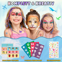 1 x RAW Customer Returns Oukzon Children s Make-up Set, 18 Large 32 PCS Professional Face Paint with 32 Stencils, 116 Rhinestones, 2 Hair Chalk, Glitter - Children, Girls Make-up Set Gift for Christmas Halloween - RRP €15.99