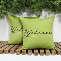 1 x RAW Customer Returns Lewondr Outdoor Cushion Cover, Pack of 2 Waterproof Cushion Covers with Welcome Print, UV Protection Decorative Cushion Cover Pillowcase with Coating for Sofa Chair Garden Lounge 45 x 45 cm - Green - RRP €13.31