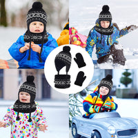 1 x Brand New Kids Warm Hat Scarf and Warm Gloves, Winter Knitted Beanies with Pompom, Glove, Neck Warmer 3 in 1 Winter Outdoor Hat for Girls Boys Ages 3-8 Black  - RRP €22.8