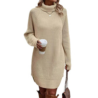 1 x RAW Customer Returns Zukmuk Women s Turtleneck Mini Dress Casual Autumn Long Sleeve High Neck Elastic Solid Color Knitted Dress Casual Sweater Dress Ivory, L  - RRP €28.49