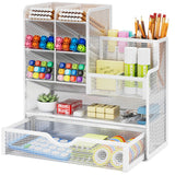 1 x RAW Customer Returns Marbrasse Mesh Desk Organizer, Multifunctional Pen Holder with Drawer, Storage Shelf for School Home Office Supplies White  - RRP €20.99