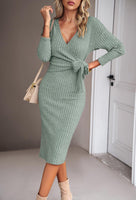 1 x RAW Customer Returns ZIYYOOHY Women s Sexy Sweater Dress V-Neck Vertical Stripes Plain Knitted Tie Dress Midi Dress M, Green  - RRP €34.27