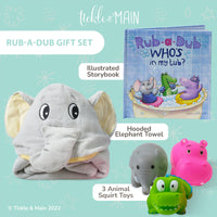 1 x Brand New Tickle Main Rub-a-Dub Gift Set, 5 Piece Bath Set including Elephant Hooded Towel, 3 Jungle Safari Squirt Toys and Book for Boys and Girls  - RRP €29.63