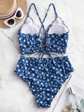 1 x RAW Customer Returns ZAFUL Women Two Piece Swimsuit Padded Leaf Print Tankini High Waist Top Mixed Swimsuit Blue Flowers. M - RRP €35.93