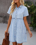 1 x RAW Customer Returns Vetinee Women s Summer Short Sleeve Button Down Off Shoulder Denim Dress Leisure Roadknight Blue XL - RRP €41.99