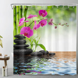 1 x RAW Customer Returns LB Green Bamboo Shower Curtain 150x180cm Orchid Purple Bath Curtain Black Stones Waterproof Anti-Mold Polyester Fabric Short Bathroom Curtains Set with Hooks, Zen Spa - RRP €21.4