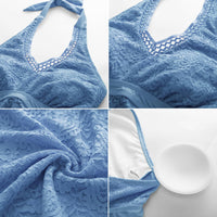 1 x RAW Customer Returns Women s Lace Swimsuit Solid Color Beach Bathing Suit Halterneck V-Neck Swim Tops with Cups for Bathing Light Blue L - RRP €33.26