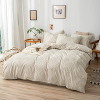 1 x RAW Customer Returns Tufted Boho bed linen set with embroidery Shabby Chic, 1 x duvet cover 200 x 200 cm with 2 x pillowcases 80 x 80 cm and zip, plain modern 100 microfibre bed linen Bohemian - beige - RRP €46.38