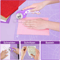 1 x RAW Customer Returns Miuzei cutting mat A2 A3 self-healing with rotary cutter replacement blades 45mm, large craft mat children cut-resistant mat set, cutting mat sewing cutter fabric cutter for fabric, leather, lavender - RRP €25.2