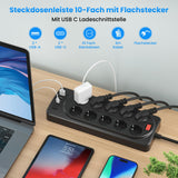 1 x RAW Customer Returns Power strip 3m 10-way power strip with USB C multiple socket flat plug with switch, distribution socket surge protection power strip wall mounting for home office, black - RRP €29.99