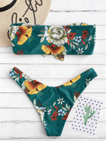 1 x RAW Customer Returns ZAFUL Women s Bandeau Off Shoulder Bikini Set Sexy Beachwear with Floral Print Knot Green, M  - RRP €36.99