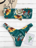 1 x RAW Customer Returns ZAFUL Women s Bandeau Off Shoulder Bikini Set Sexy Beachwear with Floral Print Knot Green, M  - RRP €36.99