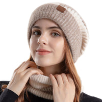 1 x RAW Customer Returns WANYIG Winter Hat with Scarf Women s Winter Hat Warm Knitted Hat Wool Hat Soft Knitted Beanie Loop Scarf Set for Autumn Winter 55-60cm Beige  - RRP €21.99