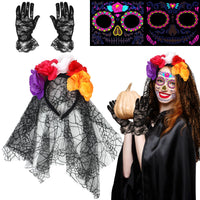 23 x Brand New Lets Joy 4PCS Halloween Day of the Dead Headband Set, Headband Rose Headband, Day of the Dead Veil Halloween, Skull Headband Rose Headband, Lace Gloves Temporary Face Tattoos - RRP €205.16