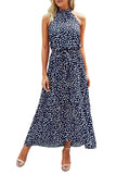 1 x RAW Customer Returns Awemeal Summer Dress Women Long Floral Pattern Boho Dress Sleeveless Halterneck Beach Dress Ruffle Maxi Dress with Belt L, 270 Dark Blue  - RRP €45.99