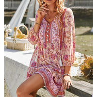 1 x RAW Customer Returns OYIGELZ Summer Dress Women s Tunic Dress 3 4 Sleeve V Neck Lace Up Fringe Floral Print Boho Women s Dress Floral Dress Evening Dress Ruffle Beach Dress Cocktail Dress S, Pink A  - RRP €26.21