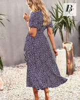 1 x Brand New BebreezChic Summer Dress Women Long Boho Floral Short Sleeve V-Neck Elegant Wrap Dress Beach Dress Maxi Dress with Belt, Blue-Violet S - RRP €37.04