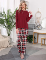 1 x RAW Customer Returns Uniexcosm Women s Cotton Pajama Set Long Two-Piece Sleepwear Raglan Sleeves Sleepwear and Checked Pajama Bottoms Leisure Suit Style 1 Wine Red M - RRP €35.99