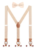 1 x RAW Customer Returns Men s Suspenders Bow Tie Set 2 WAY TO WEAR 6 Leather Buttonhole 3 Clips Y-Shape 3.5cm Wide Extended Suspenders for Height 160-200cm - Beige - RRP €27.79