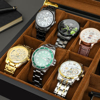 1 x RAW Customer Returns R.SHENGTE Watch Box, 6 Compartments 3 Slots Sunglasses, Wooden Watch Organizer Box with Glass Lid, Jewelry Storage Box for Men Father Husband Boy Friend 6 3 Slots  - RRP €40.32