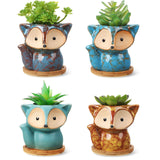 1 x RAW Customer Returns 4 Cute Cartoon Ceramic Flower Pots with Drain Hole and Bamboo Tray Ceramic Succulent Pots for Home Office Desk Decoration Diameter 1.8 Inch Fox Style  - RRP €22.99