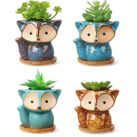 1 x RAW Customer Returns 4 Pieces Cute Cartoon Ceramic Flower Pots Fox Succulent Pots with Drainage Hole and Bamboo Tray for Home Office Desk Decoration, 1.8 Inch Diameter Fox Style  - RRP €23.35