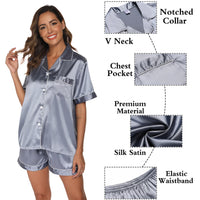 1 x RAW Customer Returns GAESHOW Women s Satin Silk Pajamas Set Short Sleeve Button Down Set Sleepwear Loungewear Two Piece S-2XL Gray Blue 42 - RRP €20.33