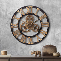 1 x RAW Customer Returns Lafocuse Large Wall Clock 60cm Silent Wooden Industrial Gear Clock Steampunk Gold Vintage Retro Roman Numerals for Living Room Bar Kitchen Restaurant - RRP €59.0